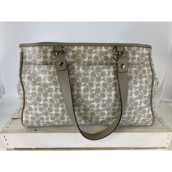 COACH F17179 GRAY WHITE COATED CANVAS SIGNATURE HANDBAG - Picture 5 of 14
